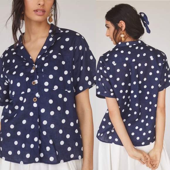 Anthropologie Maeve Women Buttondown Surf Linen Navy Dot Shirt Top Sz XS - Picture 3 of 13